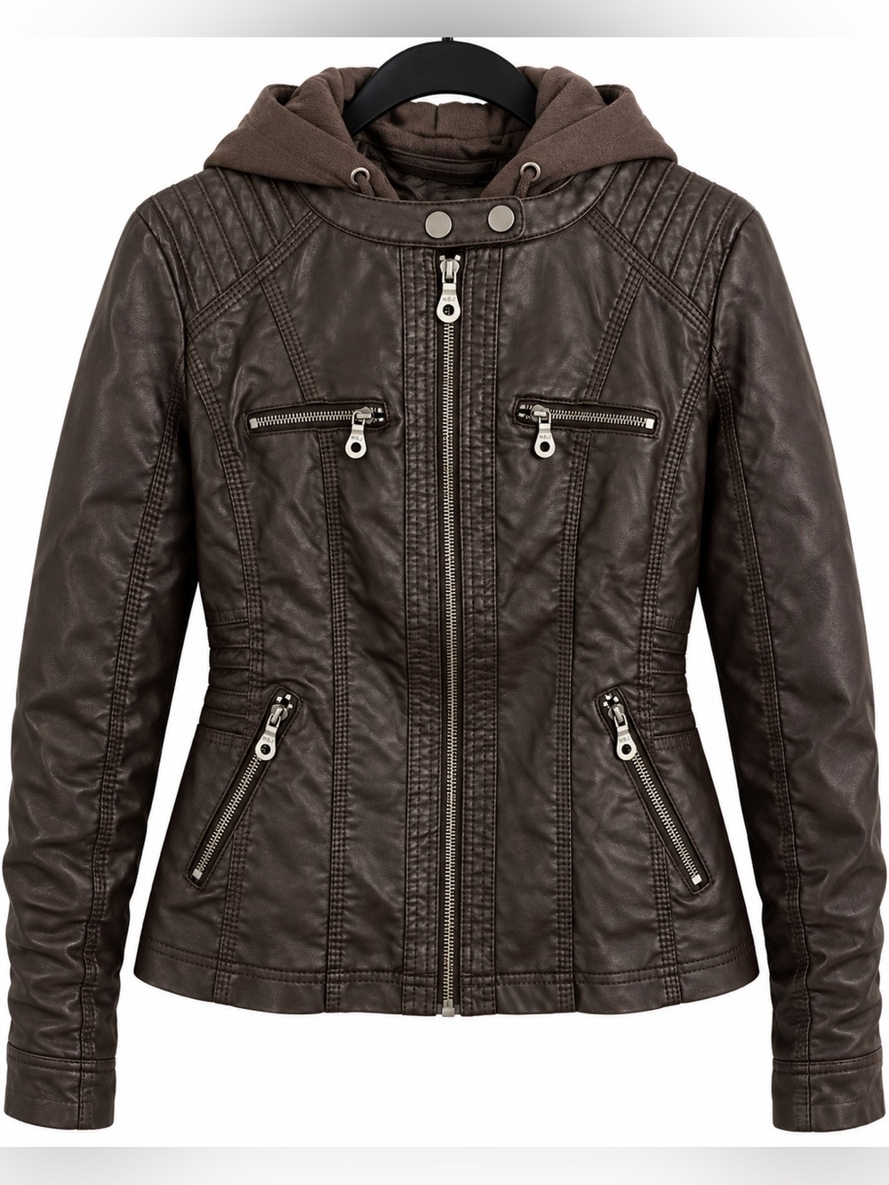 Made by Johnny Coffee Vegan Leather Moto Jacket S Removable Hoodie NWT